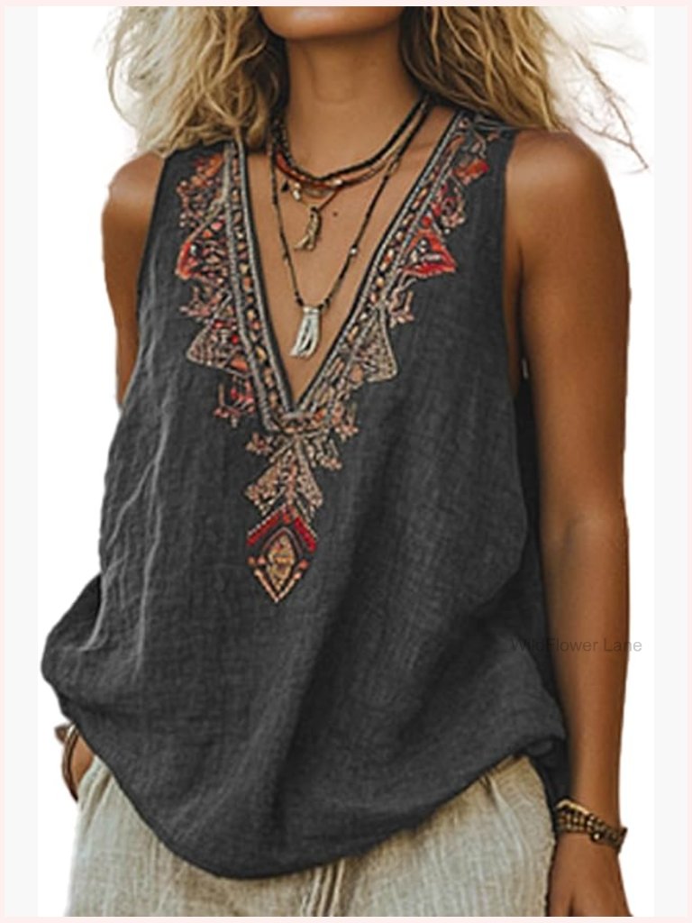 Mexican Embroidered Sleeveless Boho Peasant Blouse Tank Top Summer